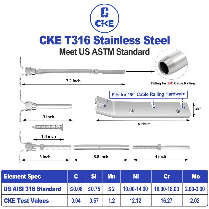 CKE 25 Pairs Cable Railing Kit 1/8" Swage Toggle Turnbuckle Hardware T316 Stainless Steel Cable Railing Hardware for Wood Post, Angle 180Â° Adjustable Stairs Deck Cable Railing Kit 25 Cable Lines, CR25 - Image 2